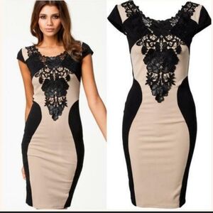 Sexy Round Neck Short Sleeve Lace Dress black & nude
